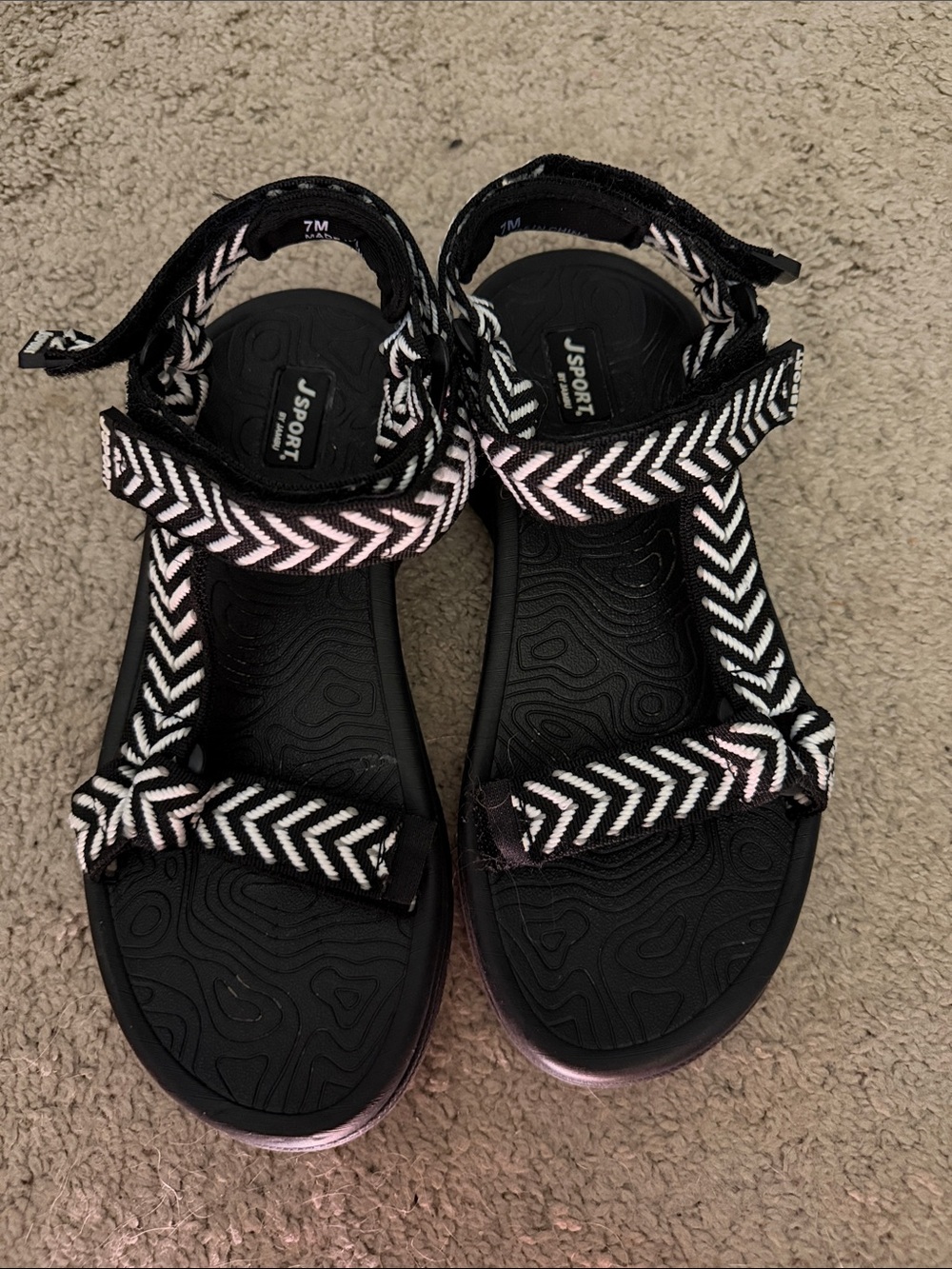 JSport by Jambu Black Sandals with White Chevron Straps